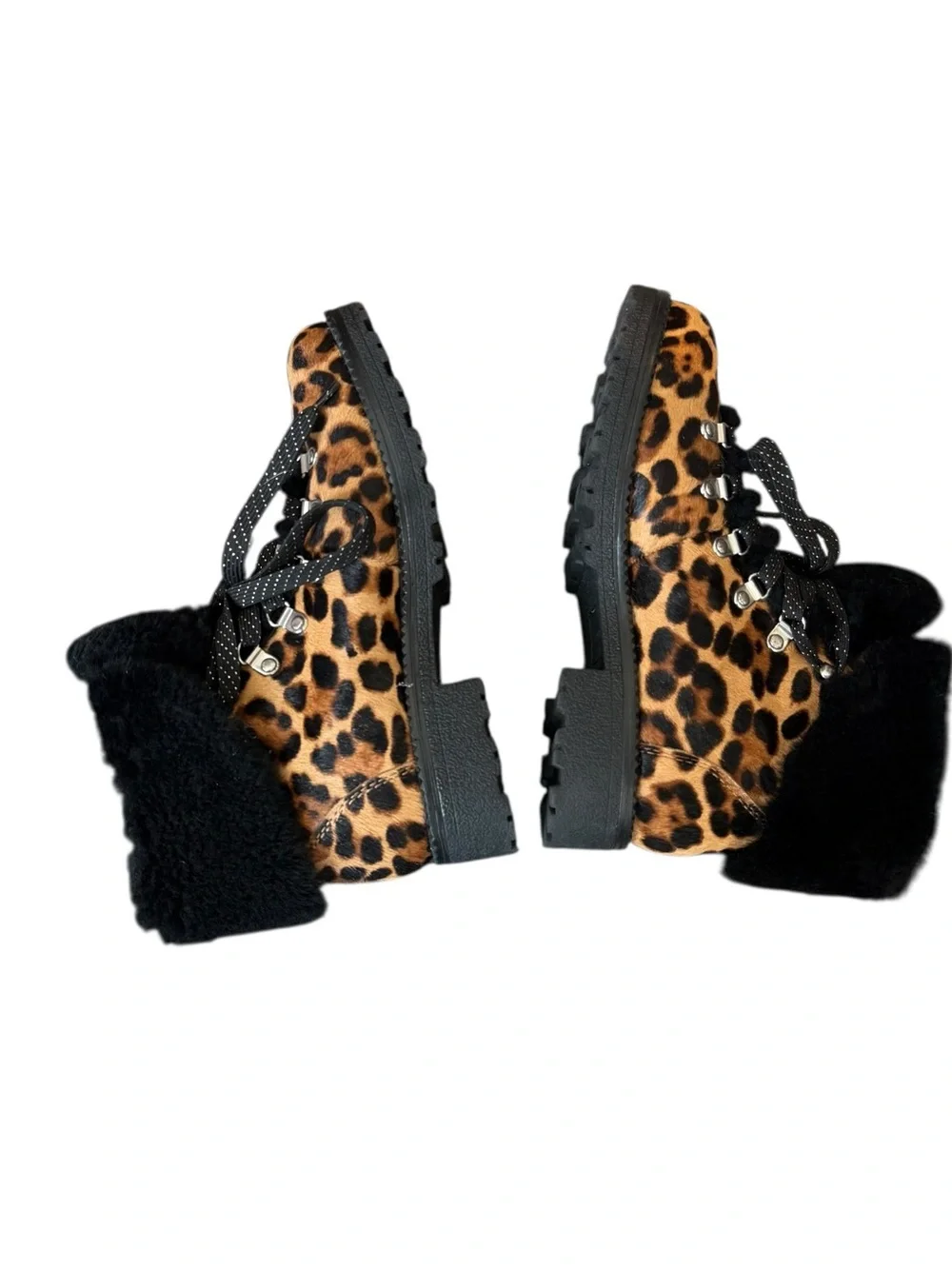 J. Crew Nordic Boots In Leopard Calf Fur Cuff Hiking Ankle Boots